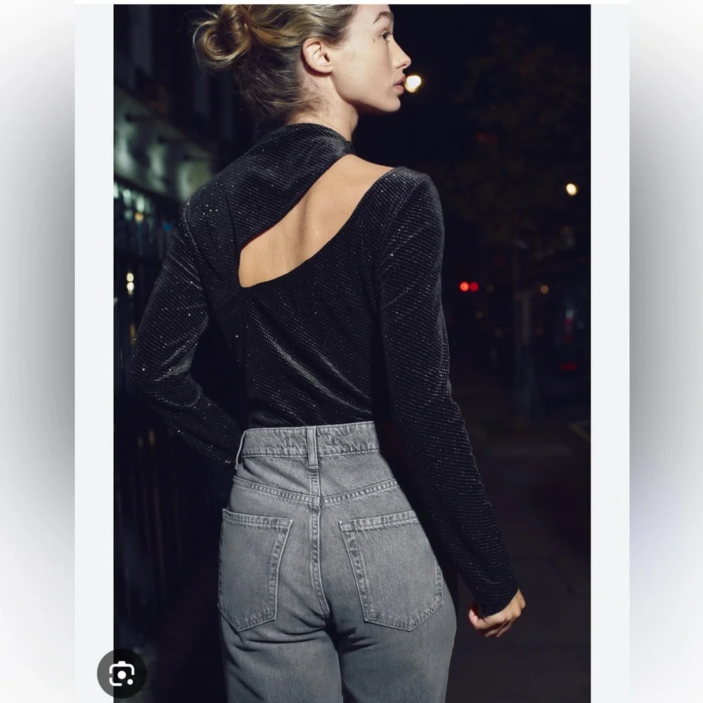 ZARA black glitter velvet asymmetrical bodysuit - Picture 3 of 9